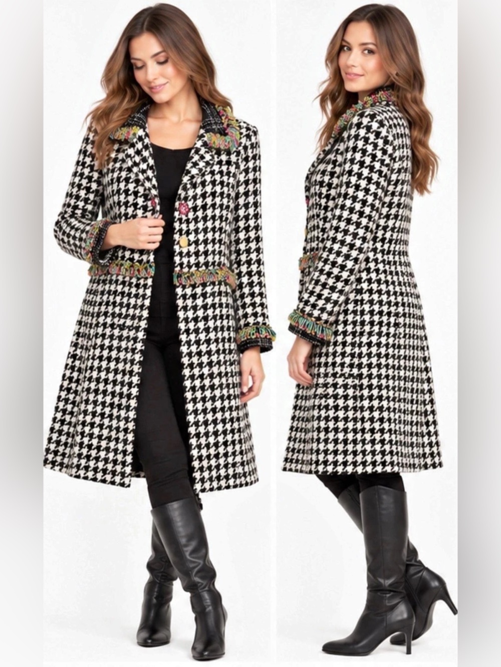 Taylor G Dallas Texas Houndstooth Statement Coat Multicolor Fringe Women’s M